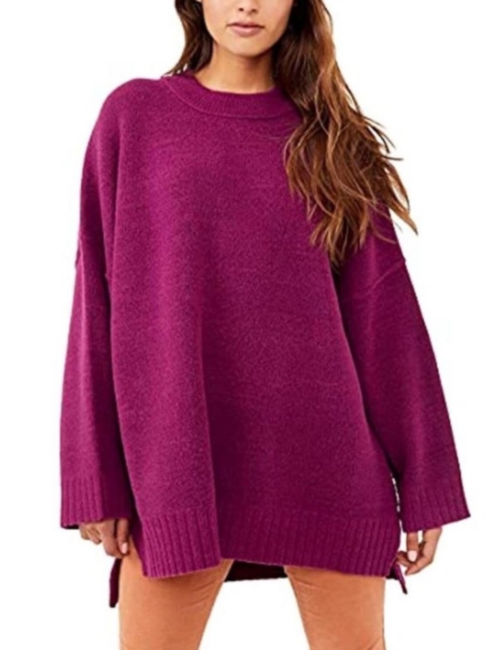 Free People Peaches Slouchy Oversized XS Tunic Sweater Chunky Knit Crewneck Plum - Picture 3 of 16